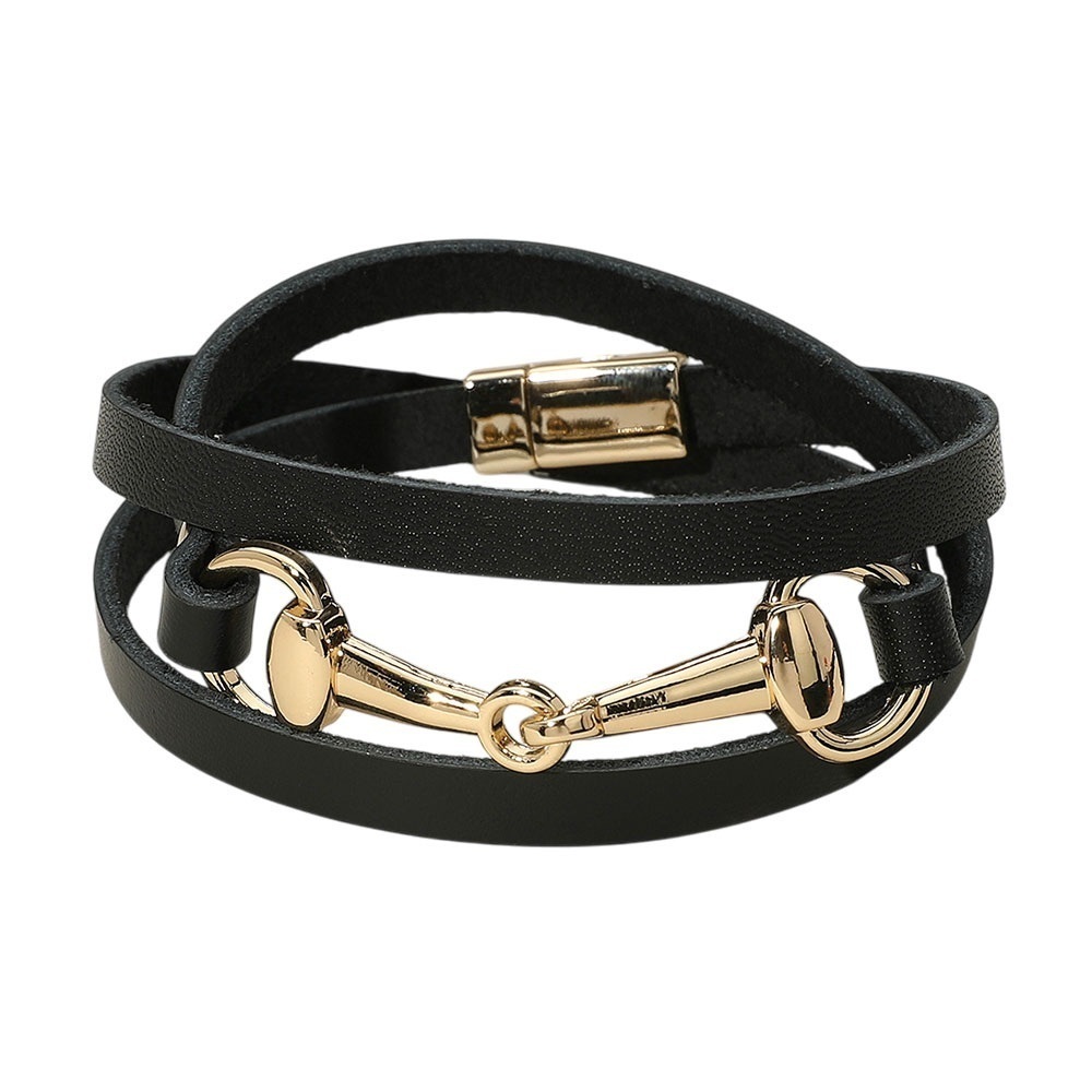 Gold Horsebit clasp Faux Leather Wrap Magnetic Bracelet